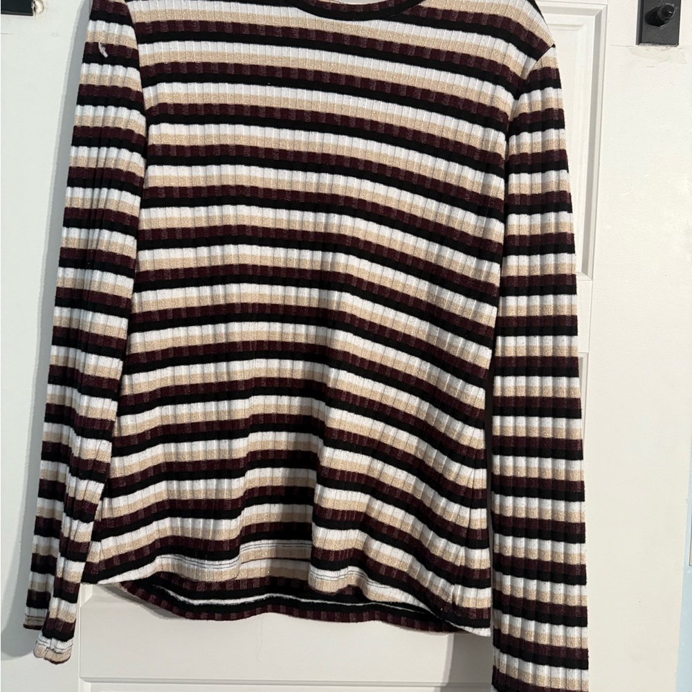 dip Striped Long Sleeve Top - Black, White, Brown